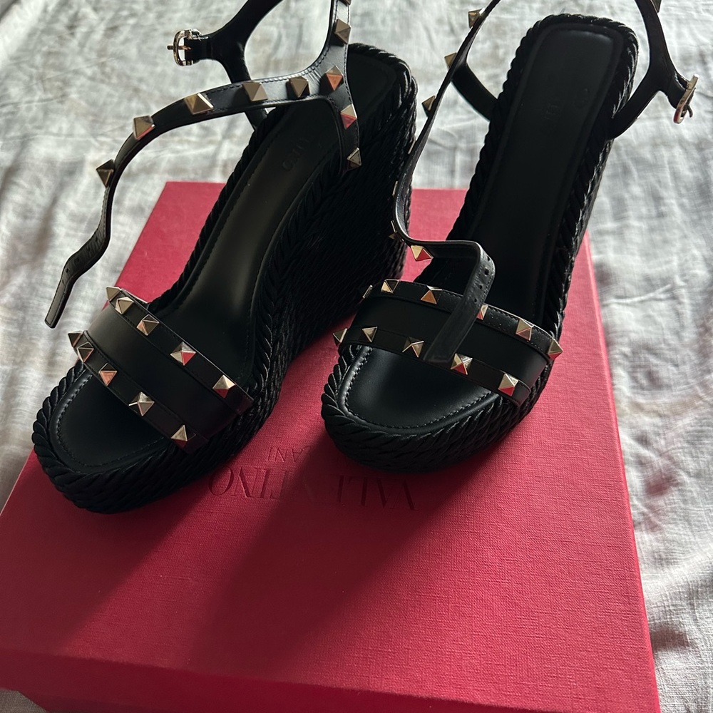 Valentino Rockstud Black Wedge Sandals with gold Studs